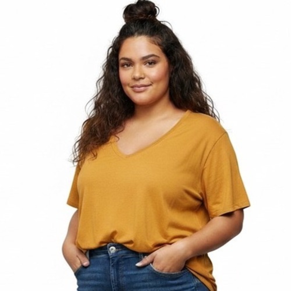 Ava & Viv Short Sleeve Mustard yellow Plus Size V-Neck Basic T-Shirt Tee 4X